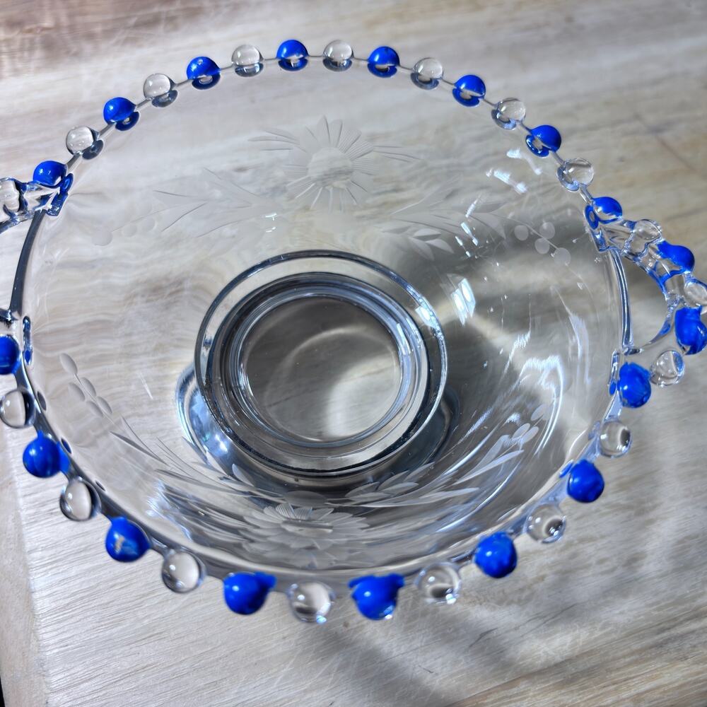 Imperial Candlewick Glass Bowl Sterling Silver Base Blue Beaded Rim etchedFloral